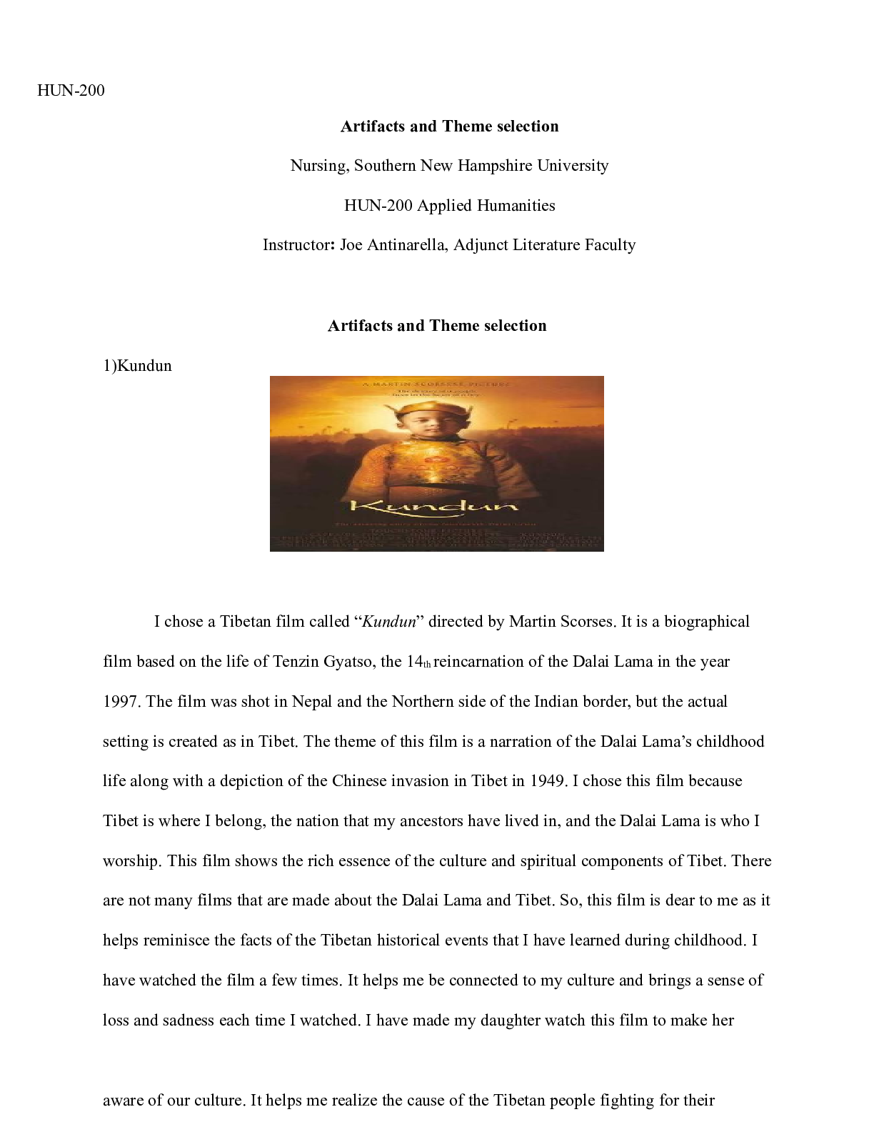 Preview image for Artifacts and Theme selection.docx    HUN-200  Artifacts and Theme selection  Nursing, Sou